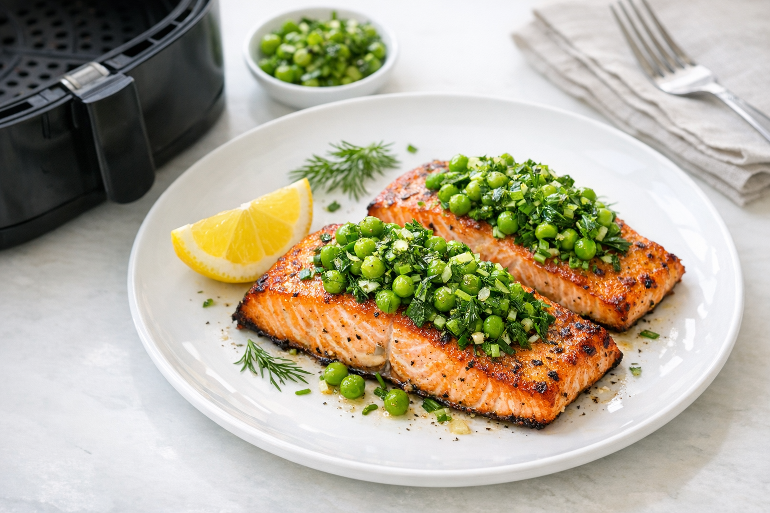 Air Fryer Salmon with Spring Pea and Herb Relish