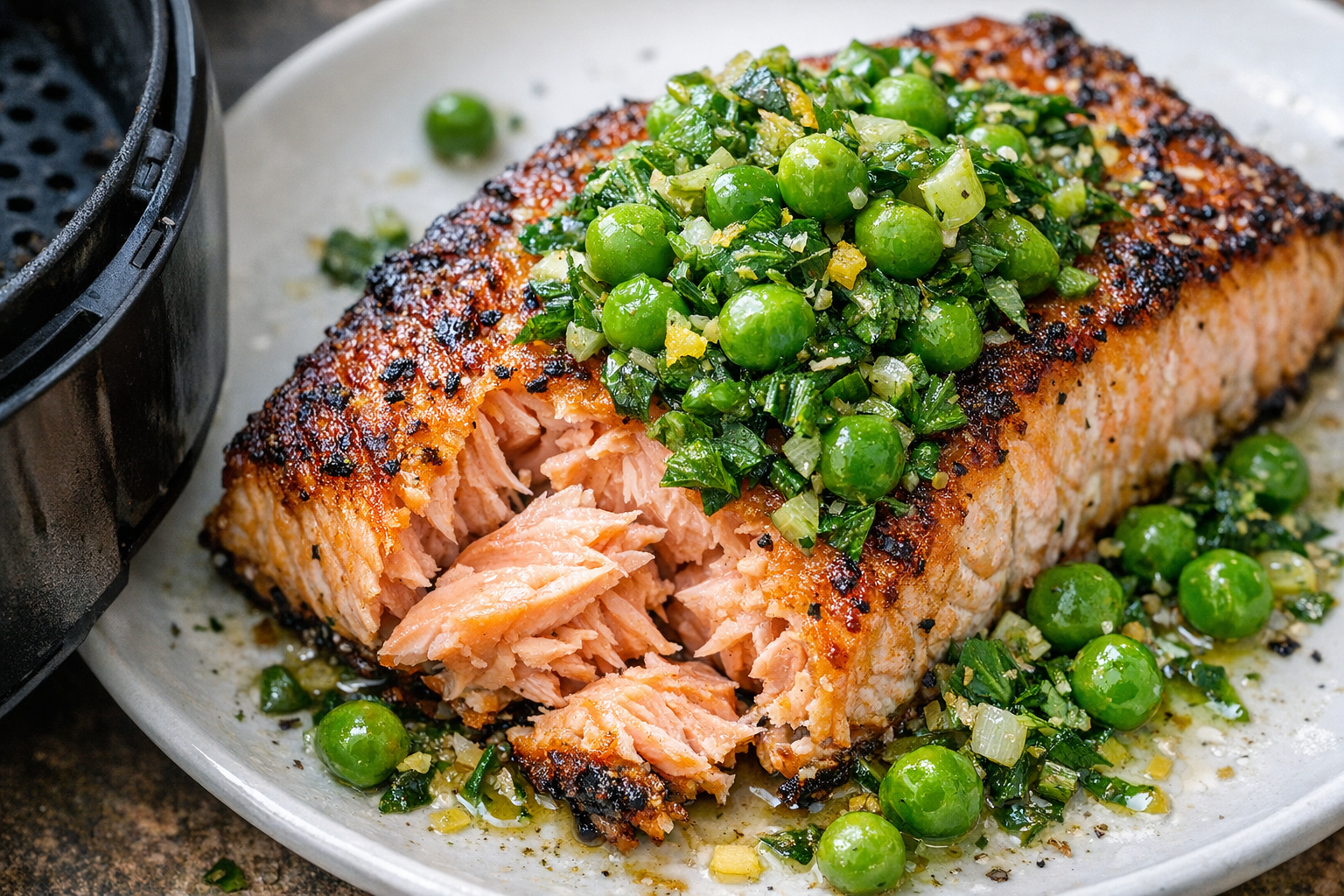 Air Fryer Salmon with Spring Pea and Herb Relish