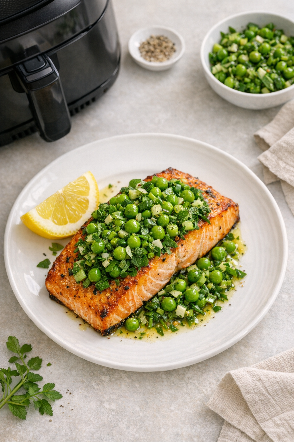 Air Fryer Salmon with Spring Pea and Herb Relish