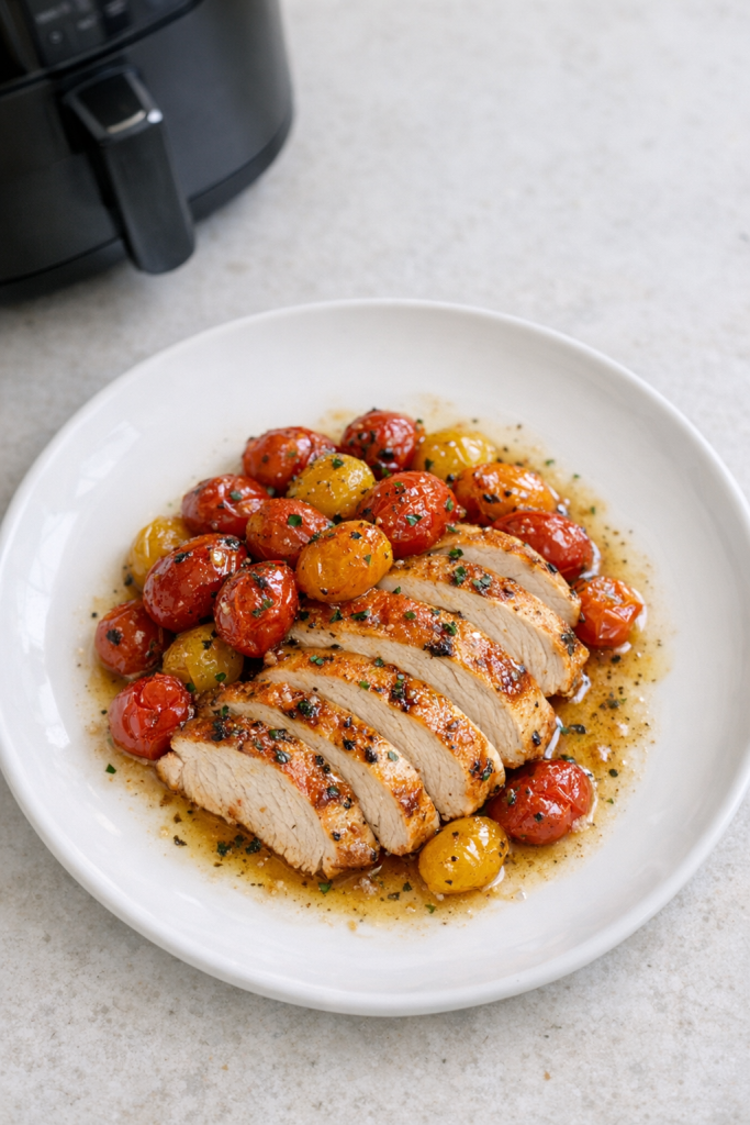 Air Fryer Chicken Breast with Roasted Cherry Tomatoes