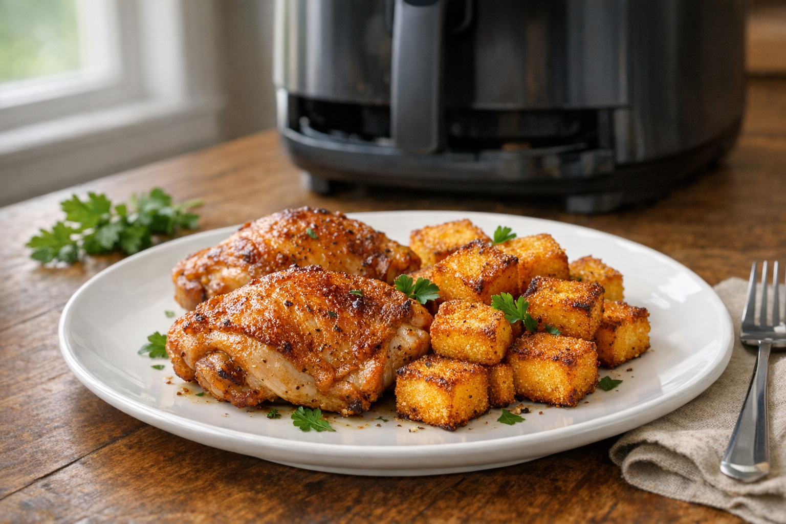 Air Fryer Chicken Thighs with Crispy Polenta Cubes