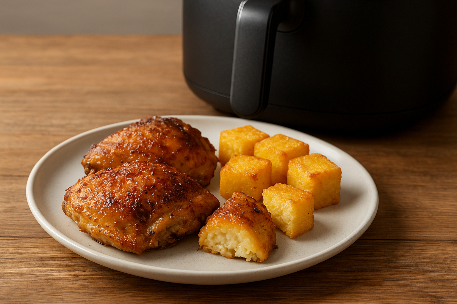 Air Fryer Chicken Thighs with Crispy Polenta Cubes