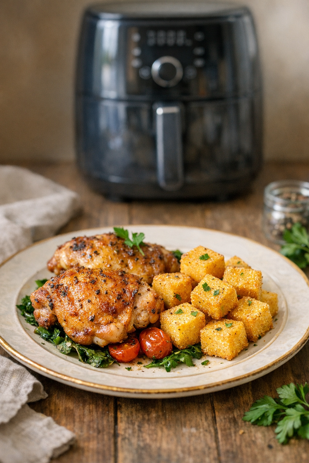 Air Fryer Chicken Thighs with Crispy Polenta Cubes