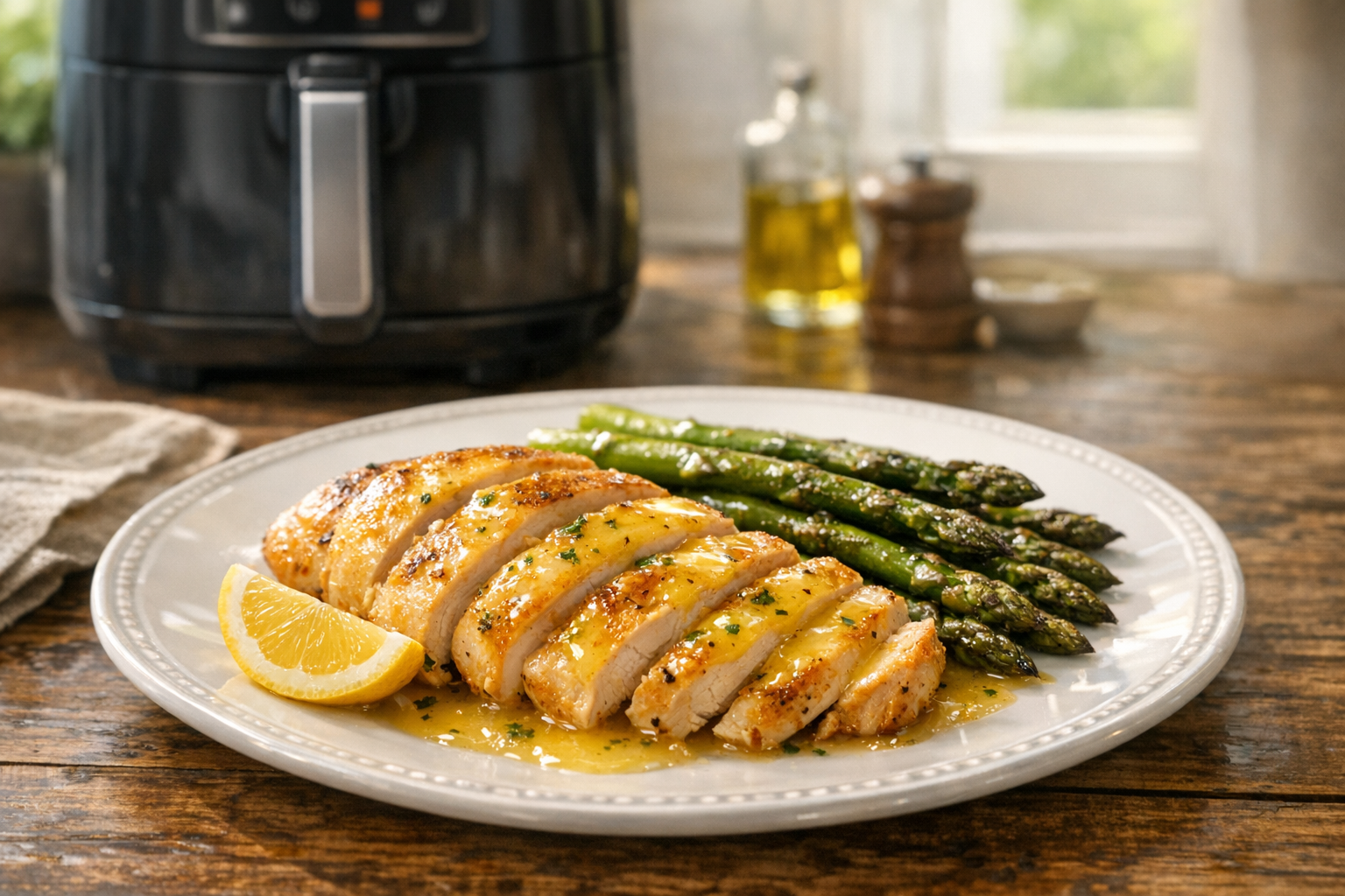 Air Fryer Chicken Breast with Asparagus & Lemon Butter