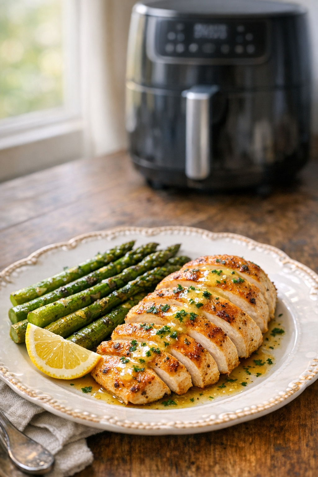 Air Fryer Chicken Breast with Asparagus & Lemon Butter
