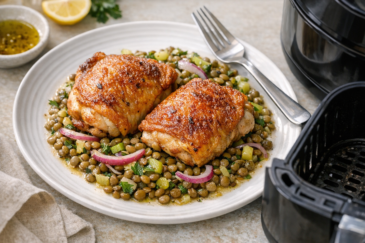 Air Fryer Chicken Thighs with Warm Lentil Salad