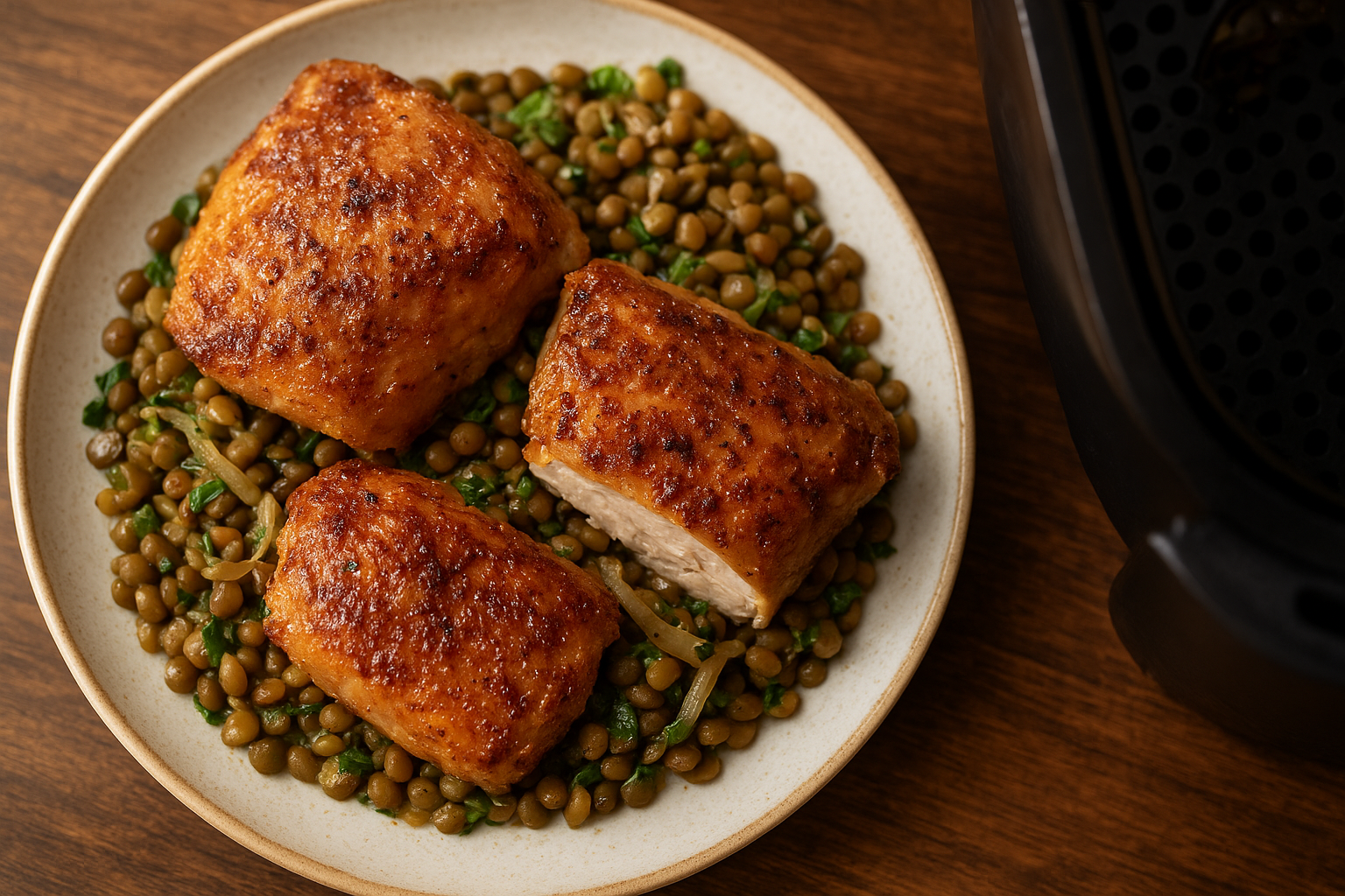 Air Fryer Chicken Thighs with Warm Lentil Salad