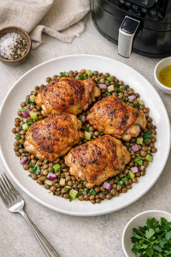 Air Fryer Chicken Thighs with Warm Lentil Salad