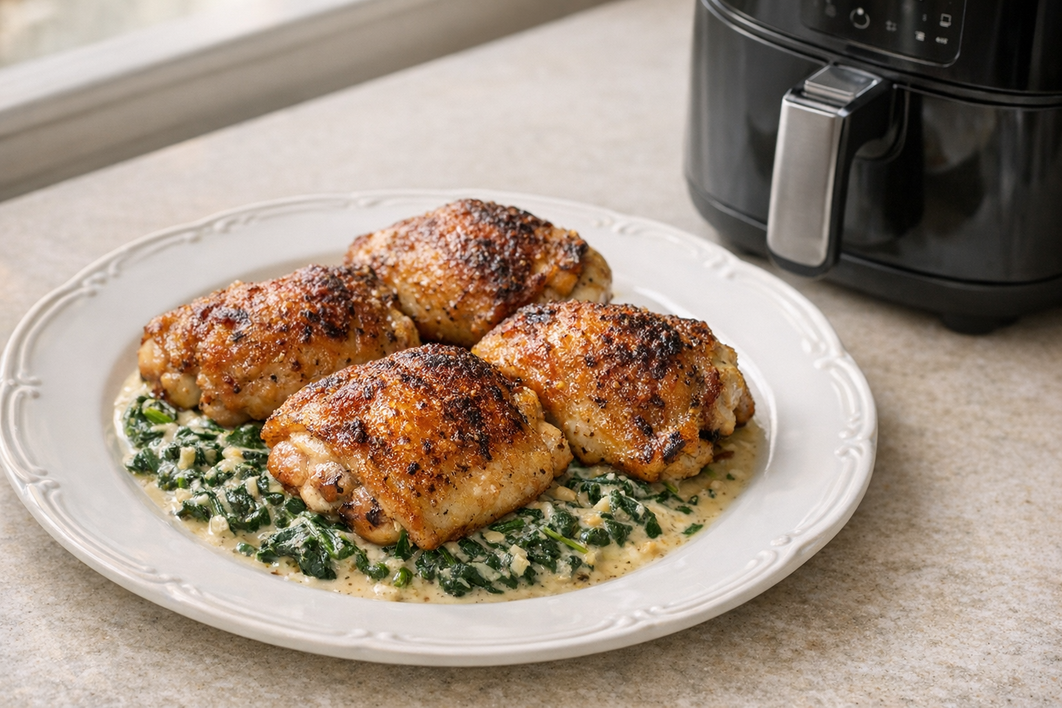 Air Fryer Chicken Thighs with Creamy Garlic Spinach