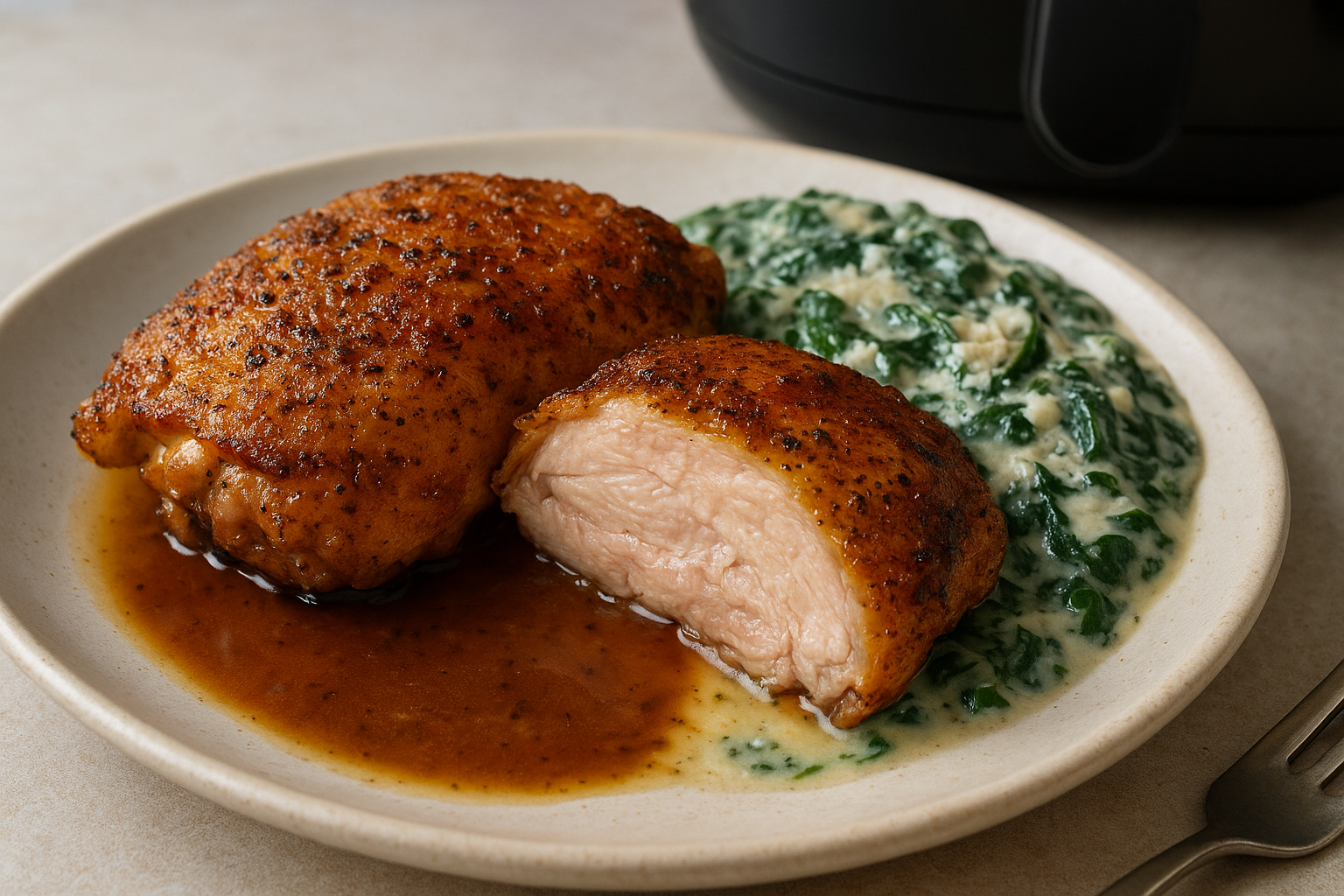 Air Fryer Chicken Thighs with Creamy Garlic Spinach
