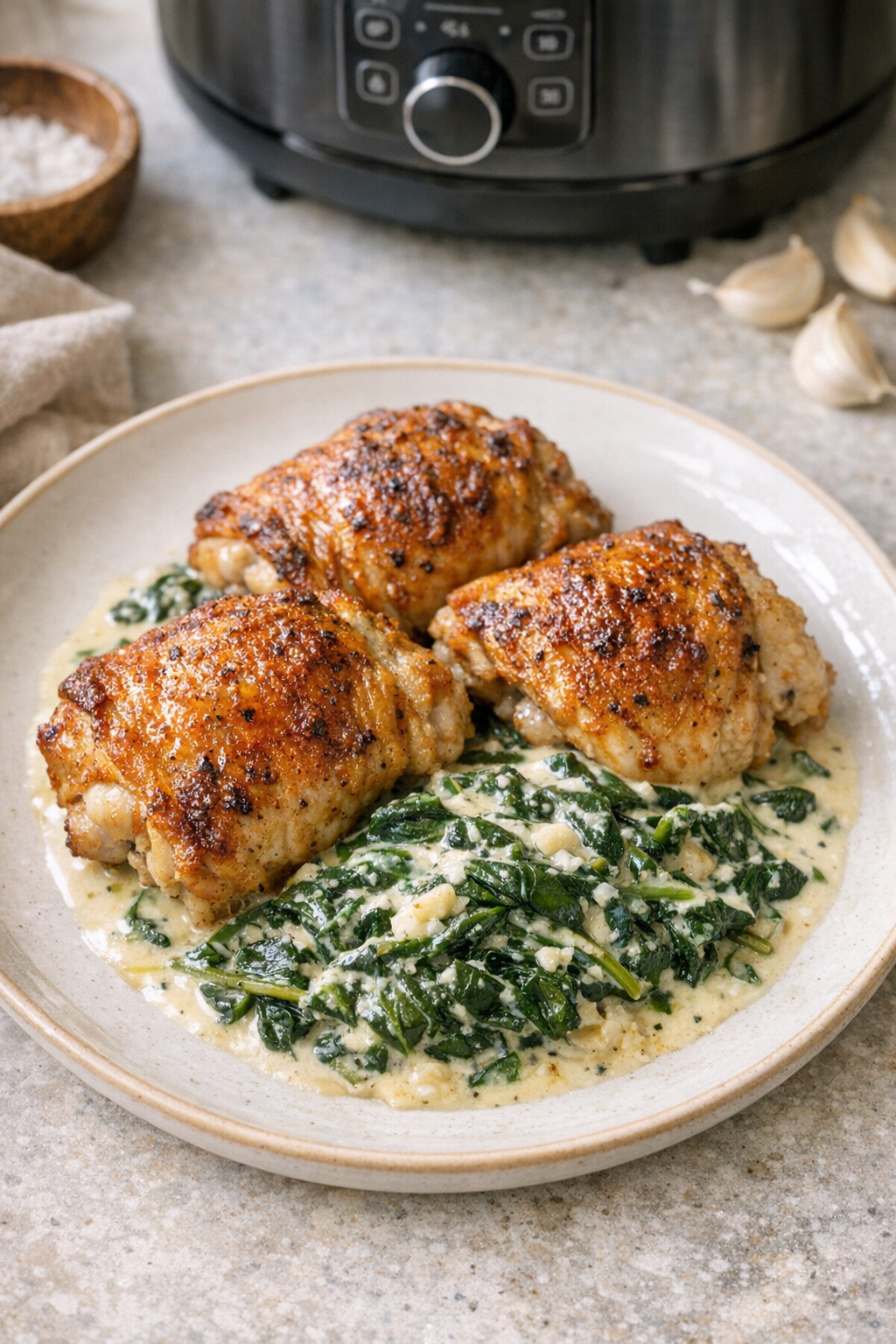 Air Fryer Chicken Thighs with Creamy Garlic Spinach