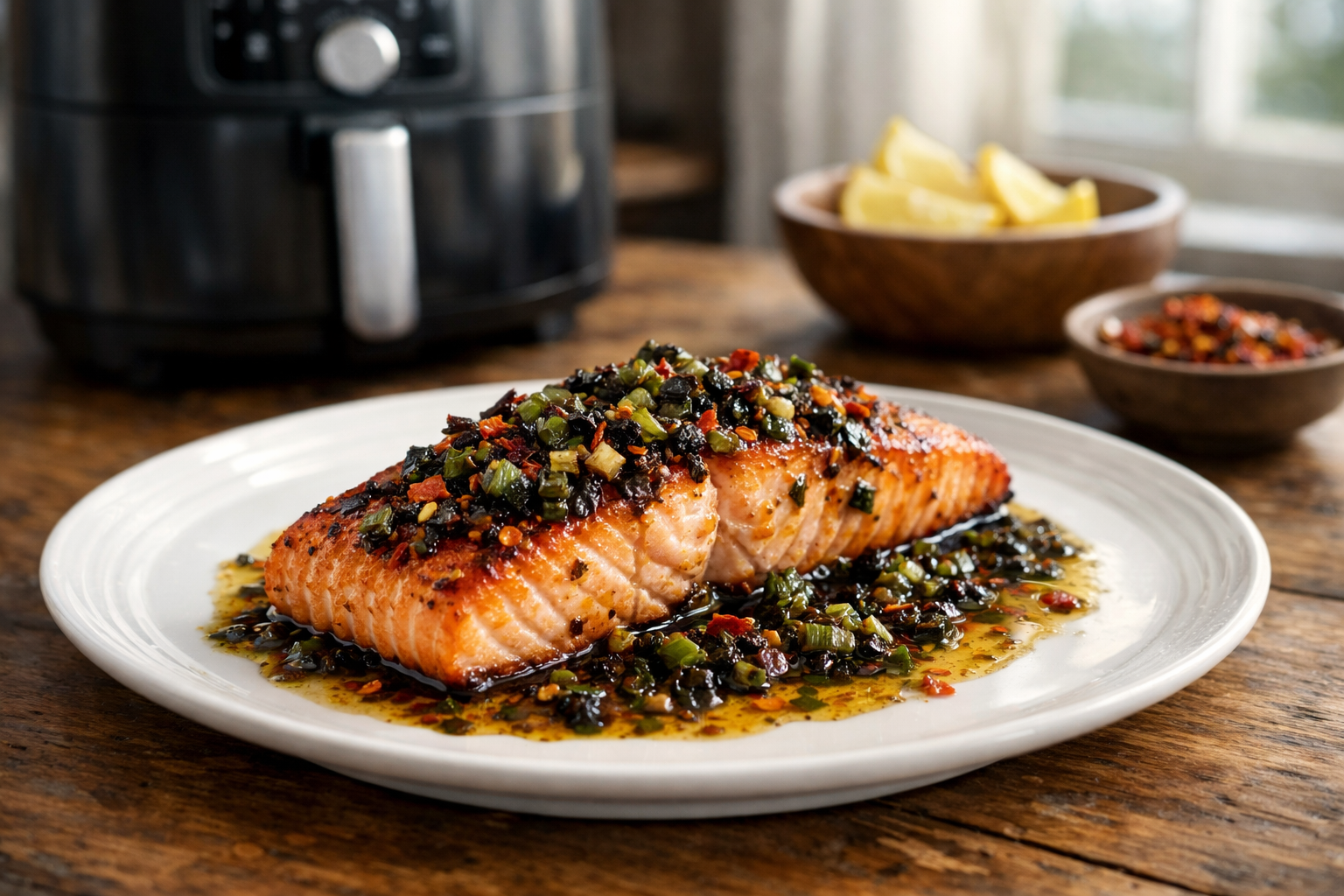 Air Fryer Salmon with Charred Scallion Oil & Chili Crisp