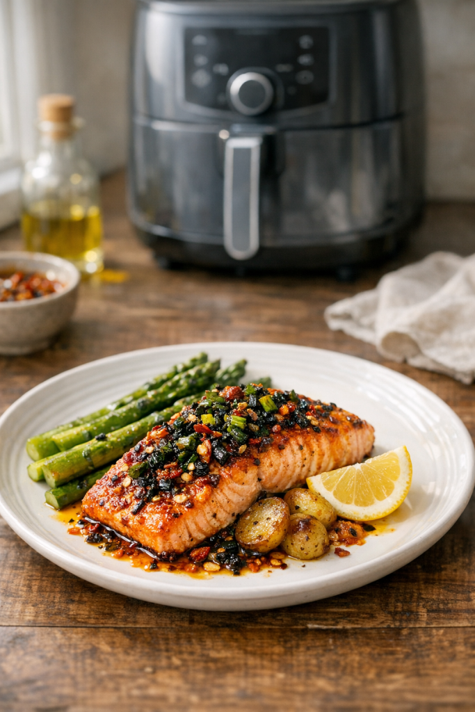 Air Fryer Salmon with Charred Scallion Oil and Chili Crisp