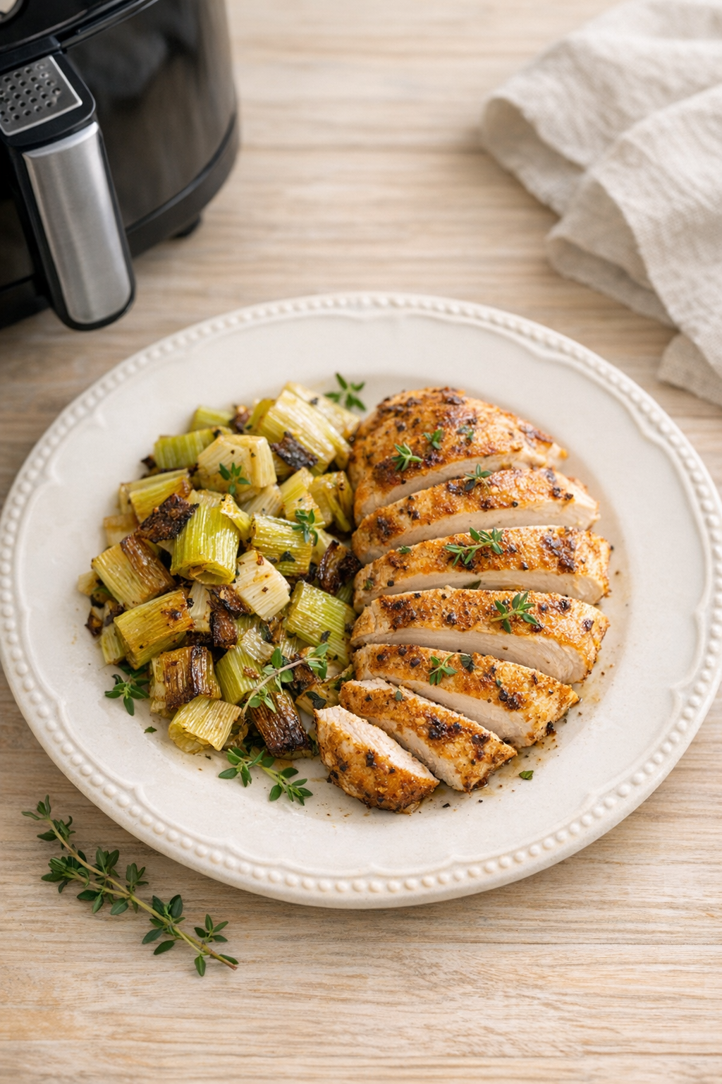 Air Fryer Chicken Breast with Roasted Leeks & Thyme