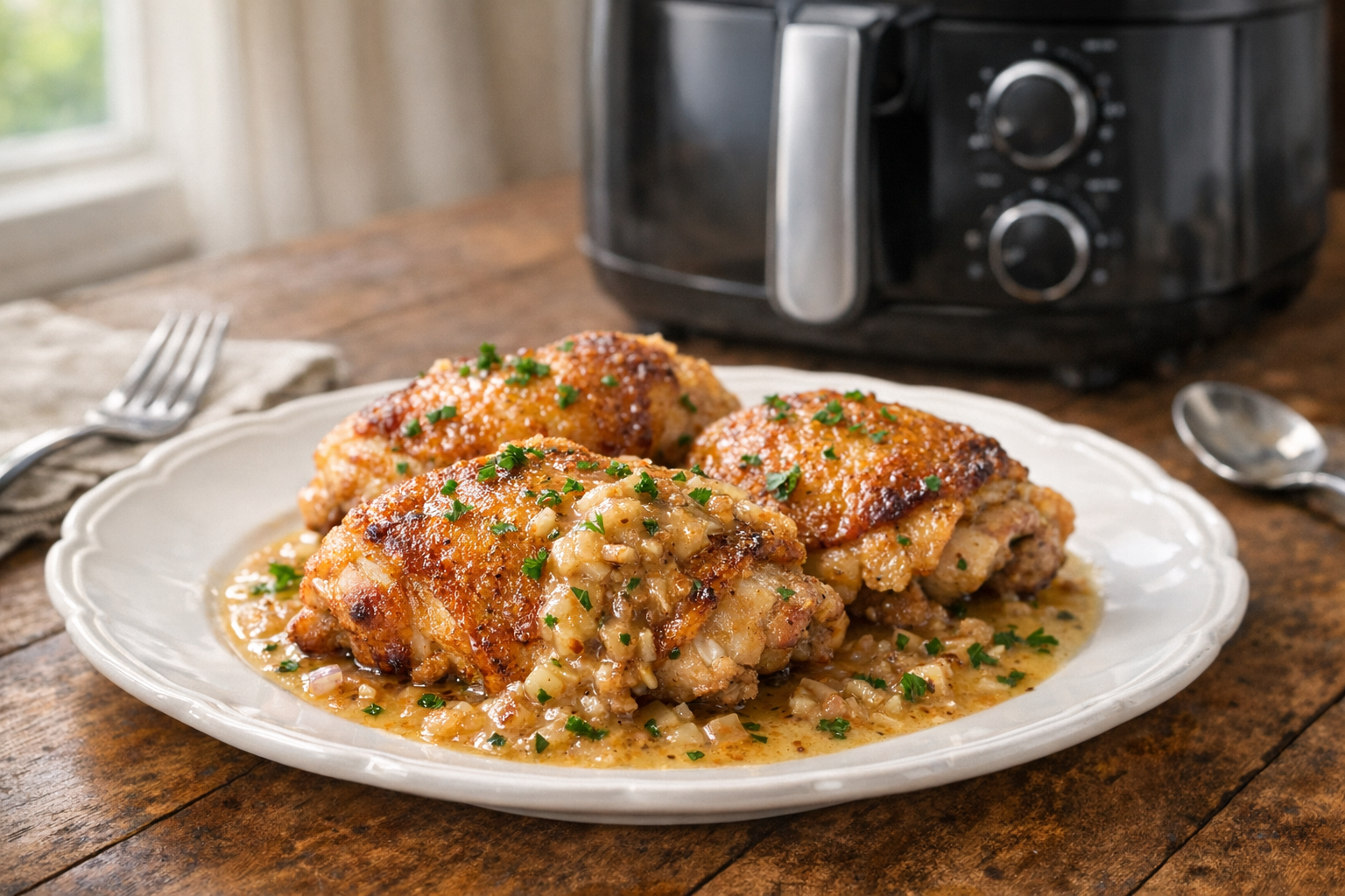Air Fryer Chicken Thighs with Dijon Shallot Sauce