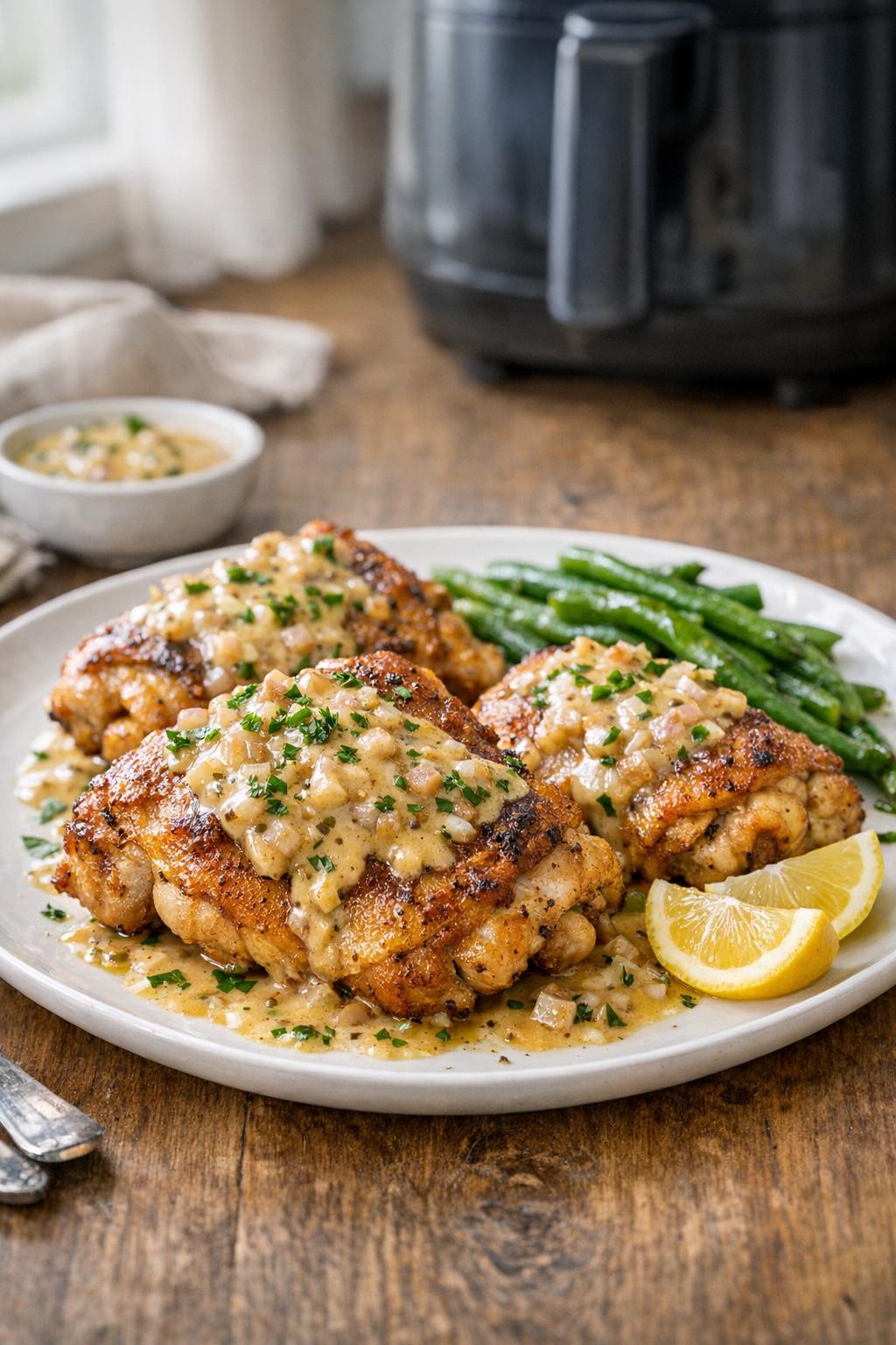 Air Fryer Chicken Thighs with Dijon Shallot Sauce