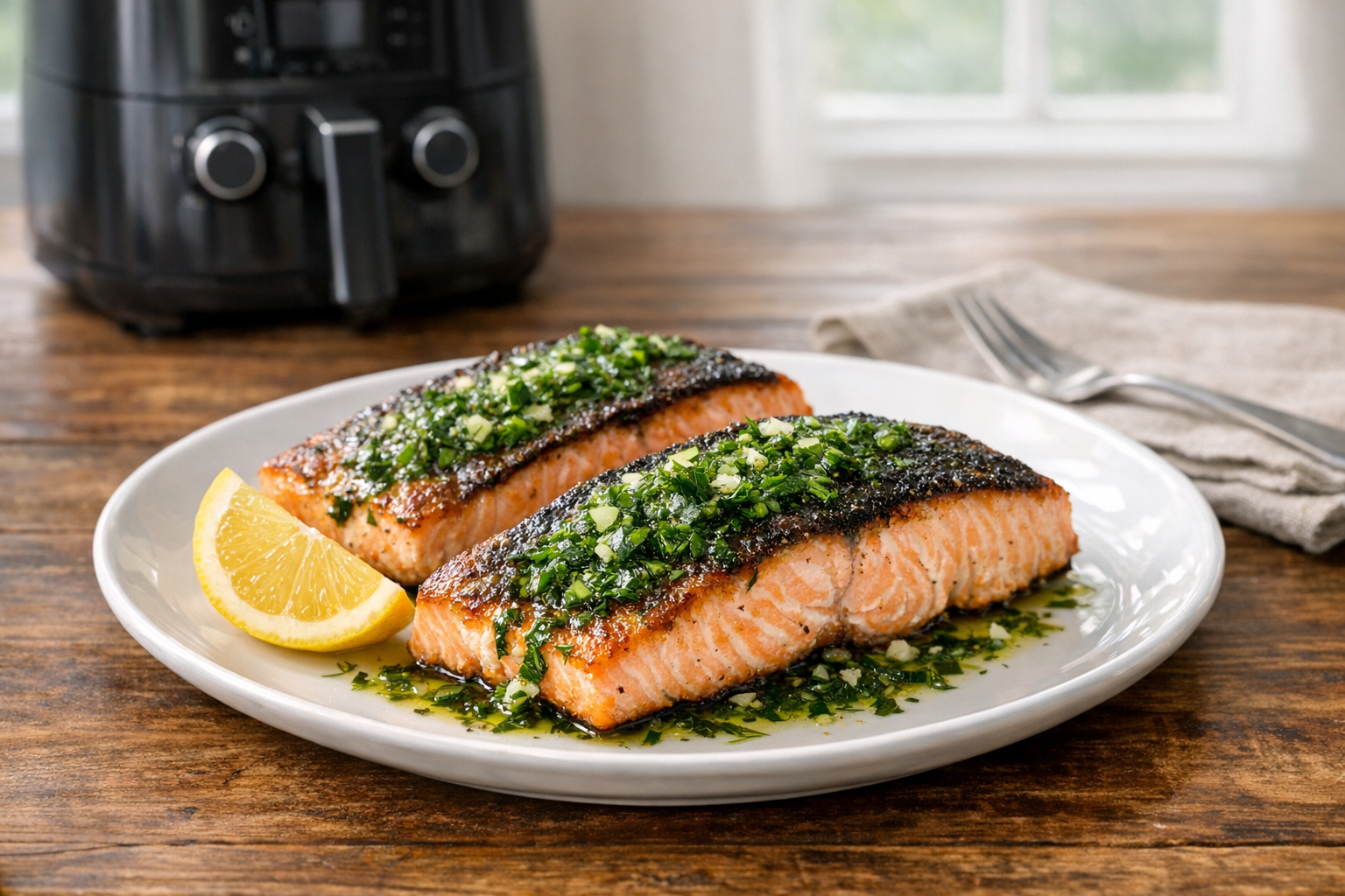 Air Fryer Salmon with Crispy Skin & Herb Oil