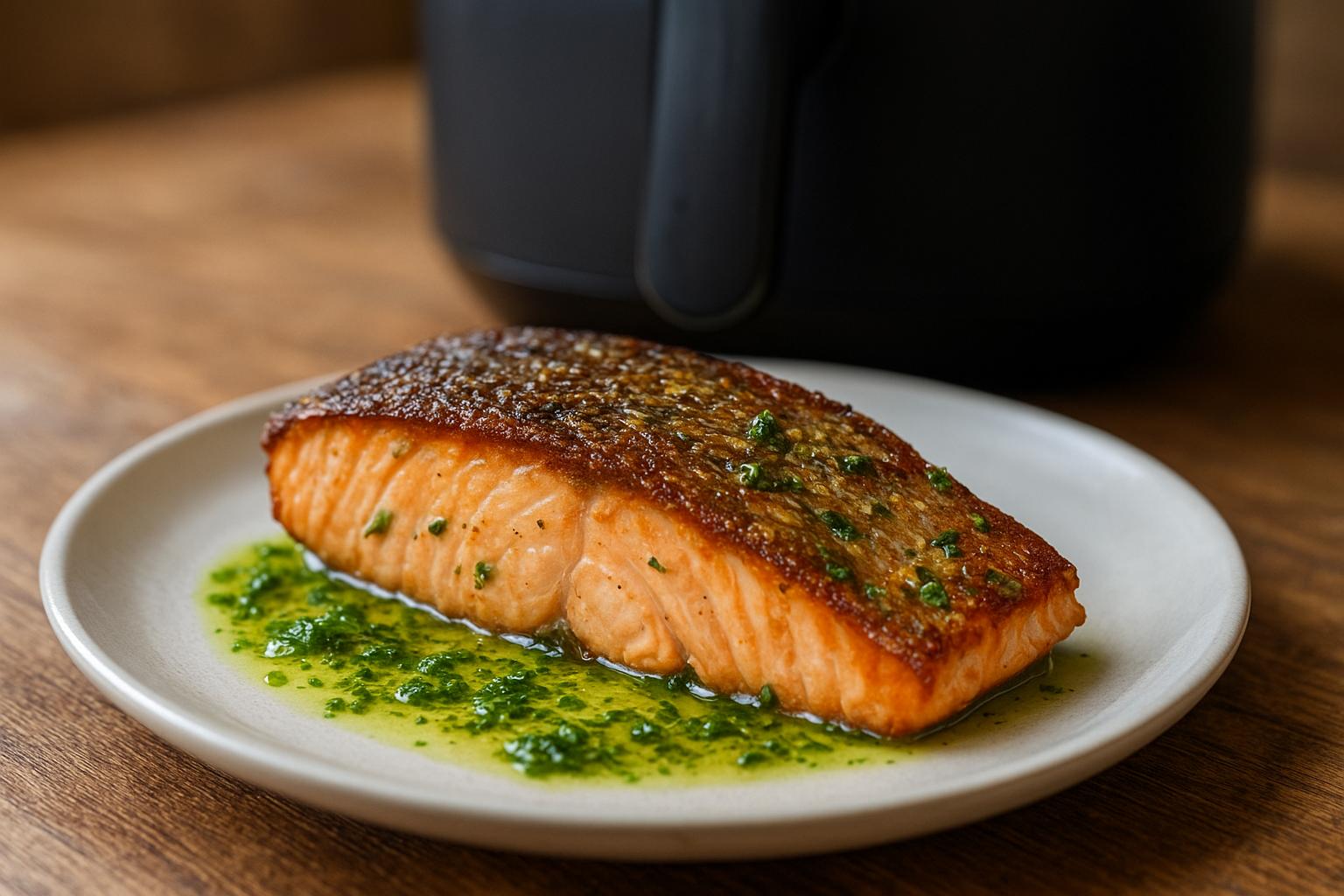 Air Fryer Salmon with Crispy Skin & Herb Oil