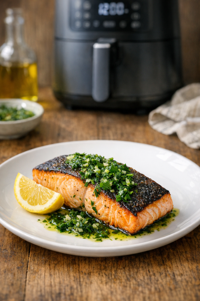 Air Fryer Salmon with Crispy Skin and Herb Oil