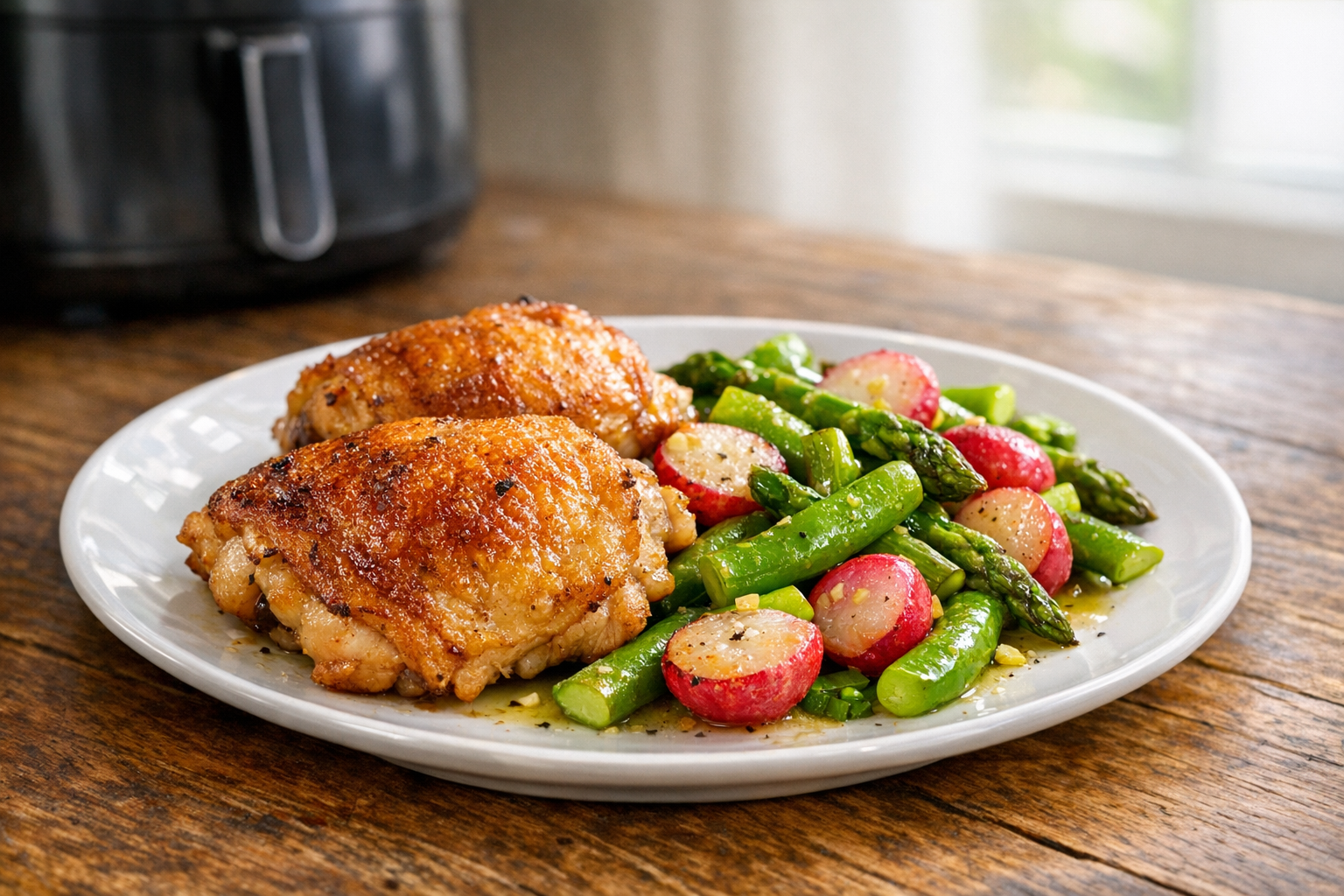 Air Fryer Chicken Thighs with Spring Vegetable Medley