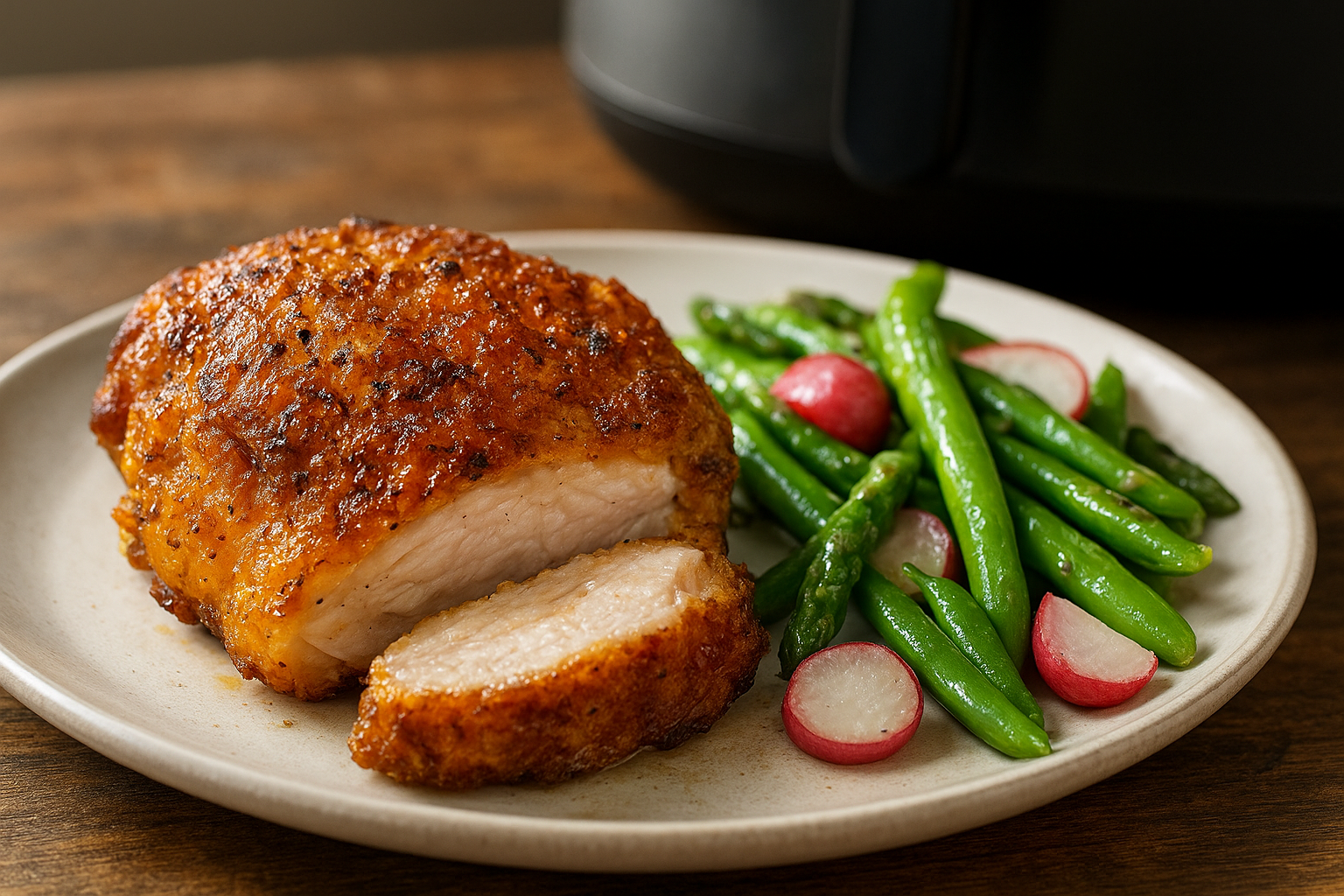 Air Fryer Chicken Thighs with Spring Vegetable Medley