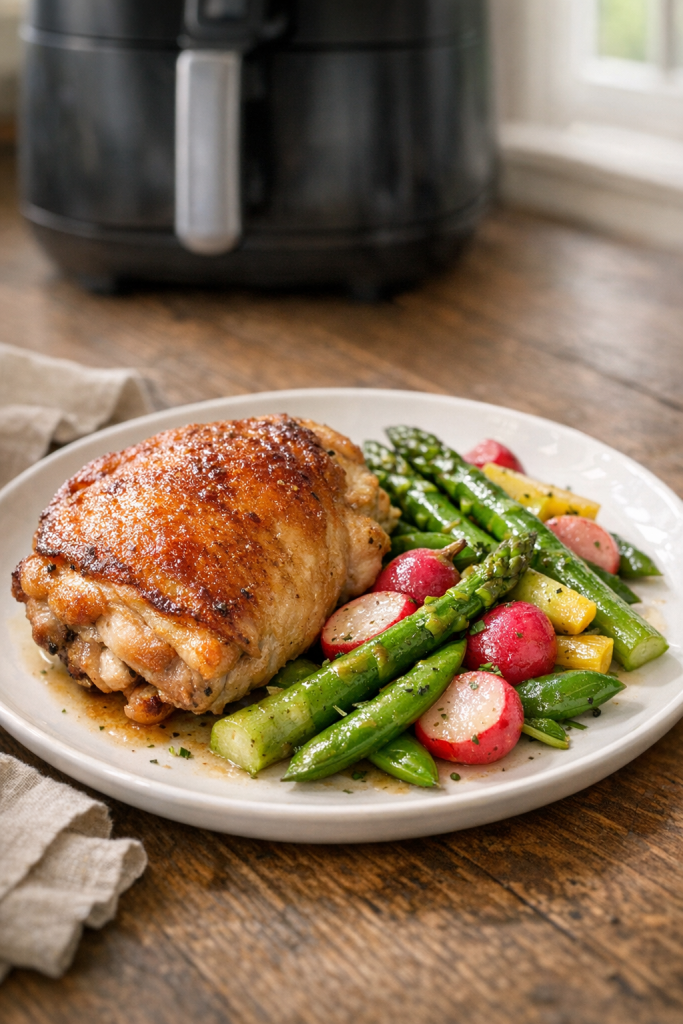 Air Fryer Chicken Thighs with Spring Vegetable Medley