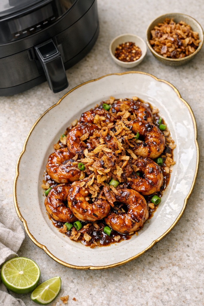 Air Fryer Shrimp with Tamarind Glaze and Crispy Shallots