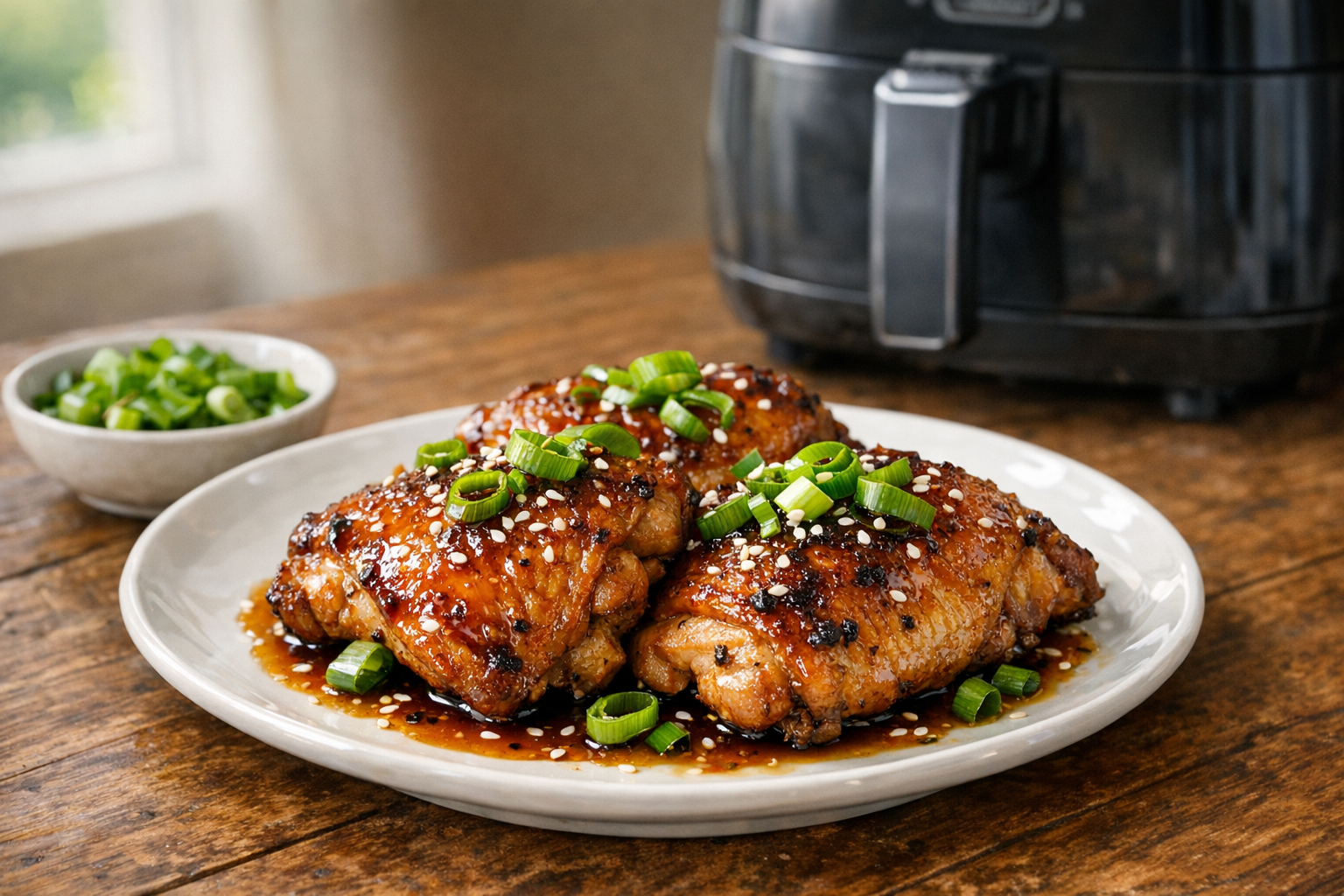 Air Fryer Soy Ginger Chicken Thighs with Scallions
