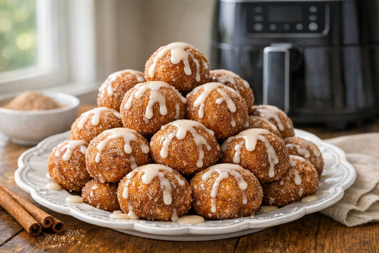 Air Fryer Cinnamon Sugar Donut Holes (Vanilla Glaze)