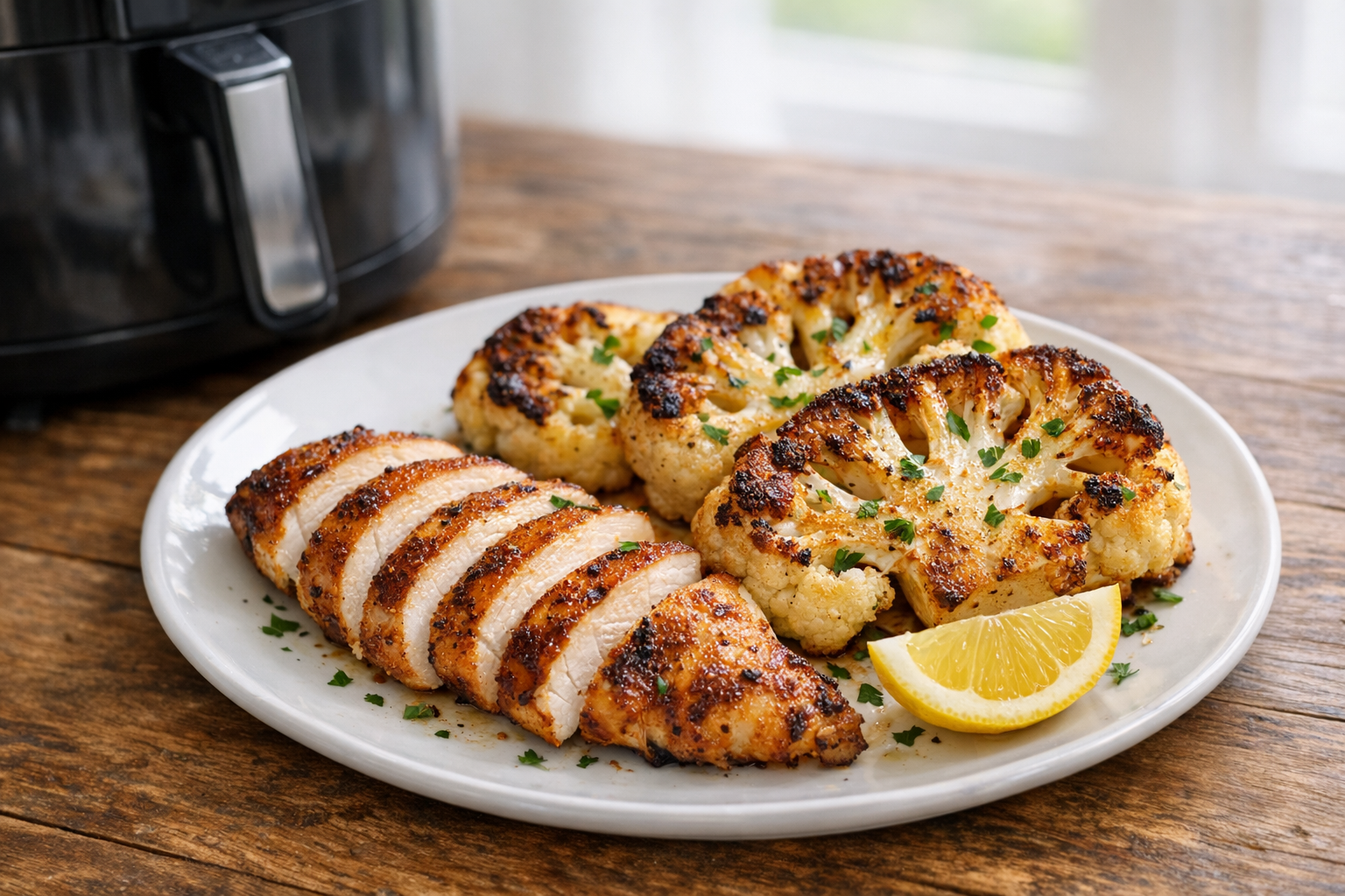 Air Fryer Chicken Breast and Cauliflower Steaks