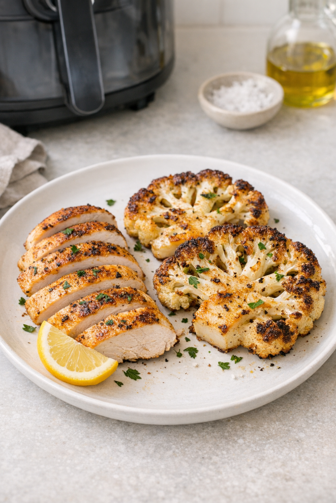 Air Fryer Chicken Breast with Roasted Cauliflower Steaks