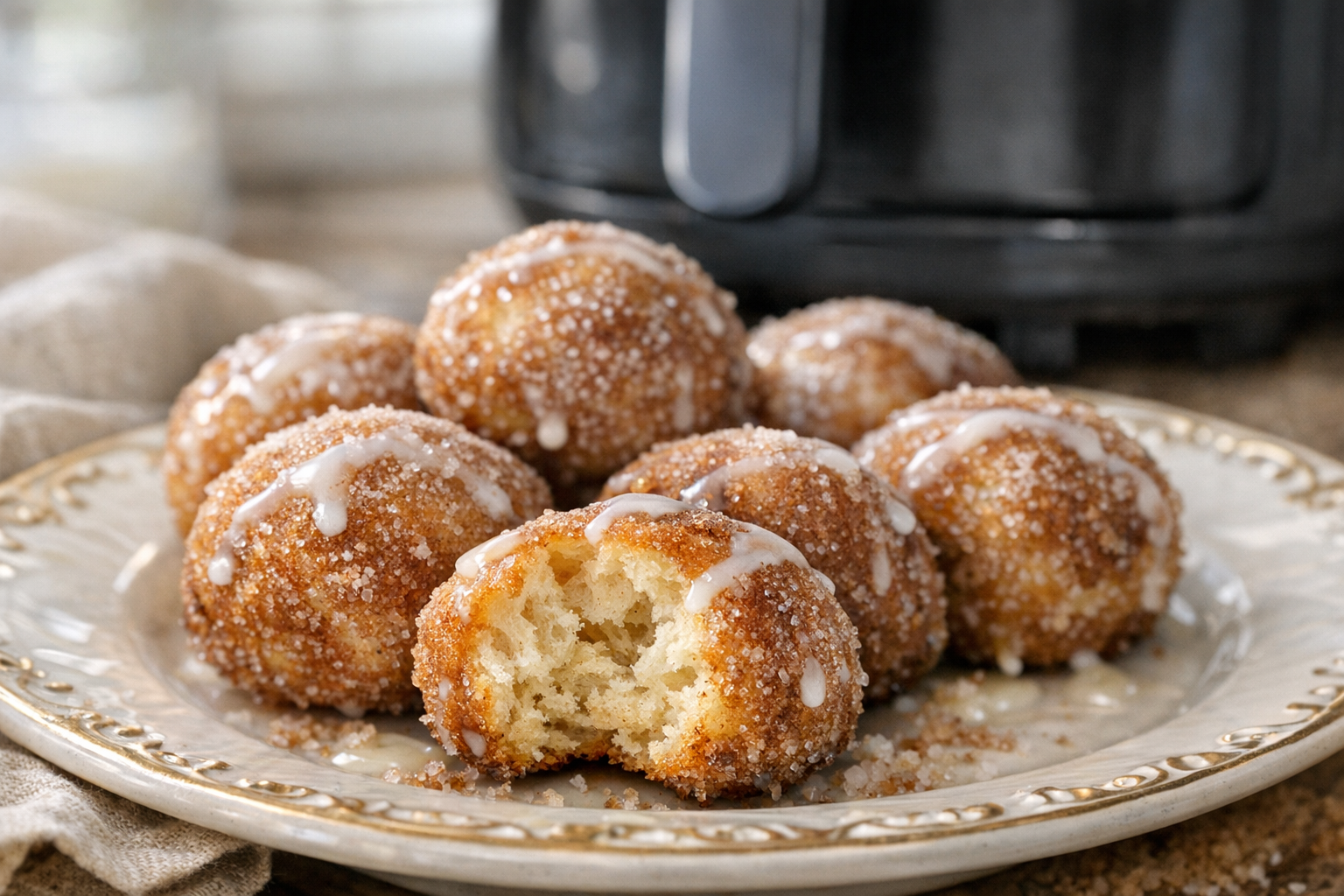 Air Fryer Cinnamon Sugar Donut Holes (Vanilla Glaze)