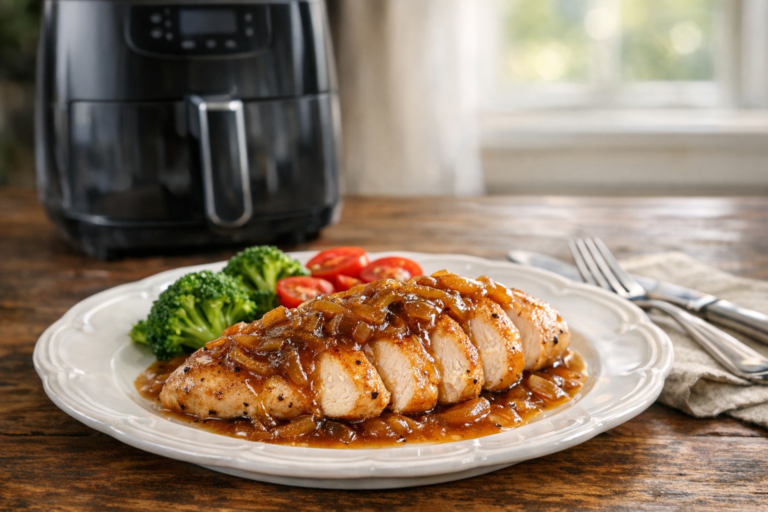 Air Fryer Chicken Breast with Caramelized Onion Sauce