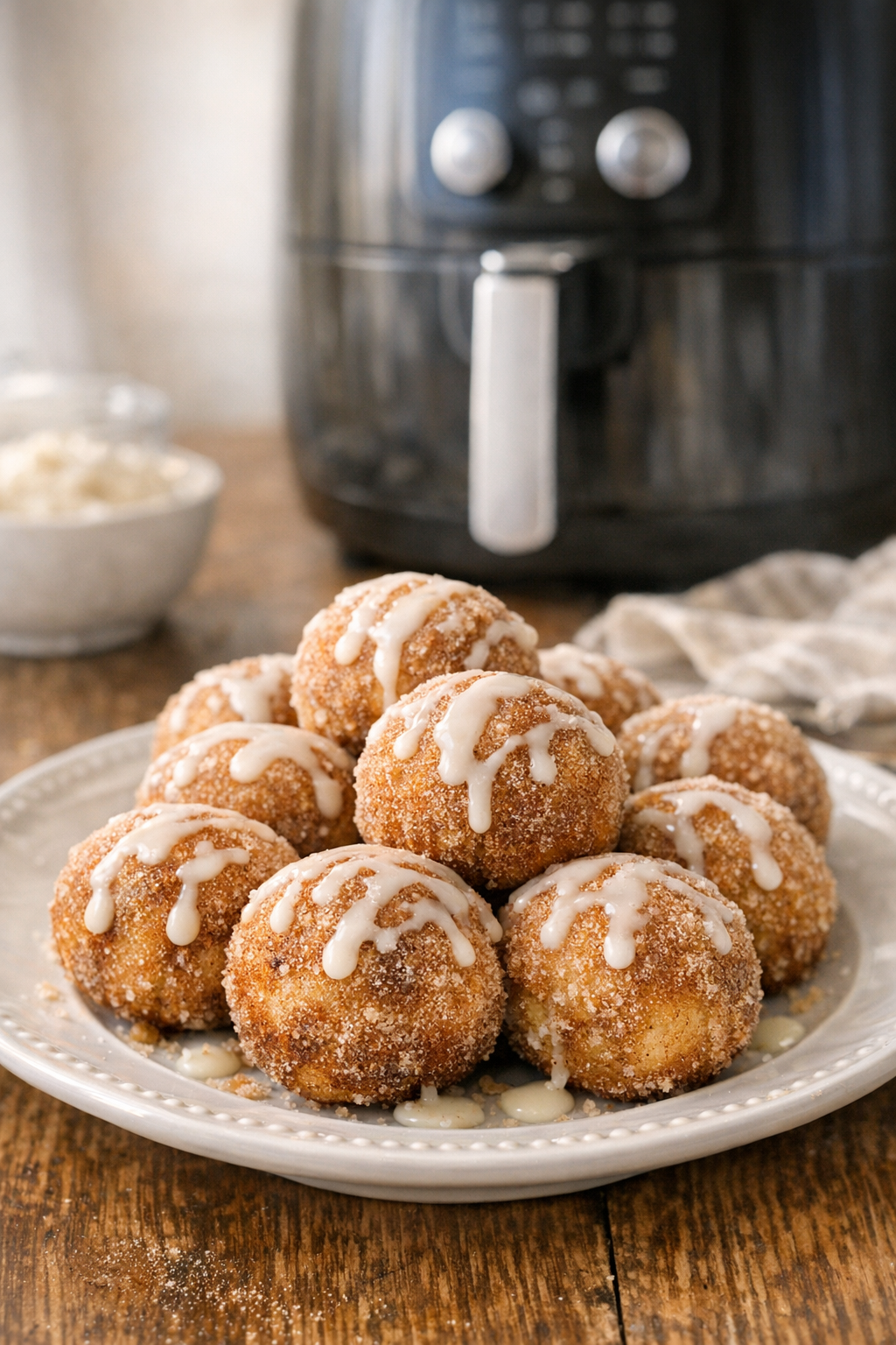 Air Fryer Cinnamon Sugar Donut Holes (Vanilla Glaze)