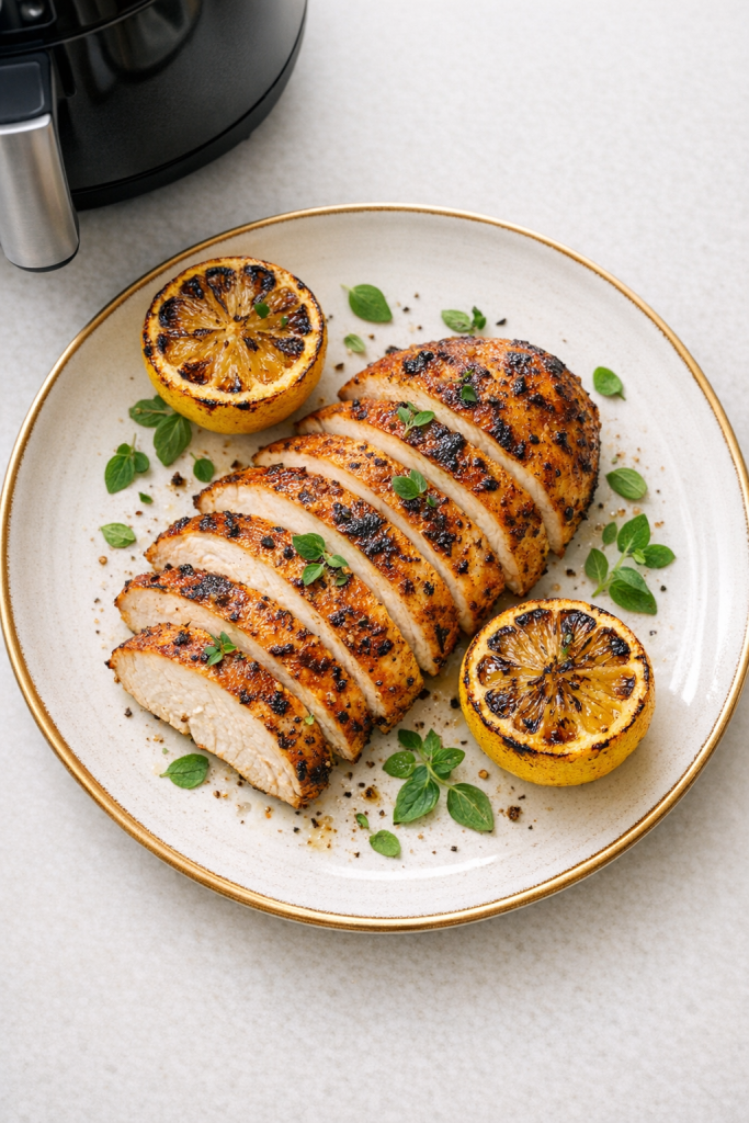 Air Fryer Chicken Breast with Charred Lemon and Oregano