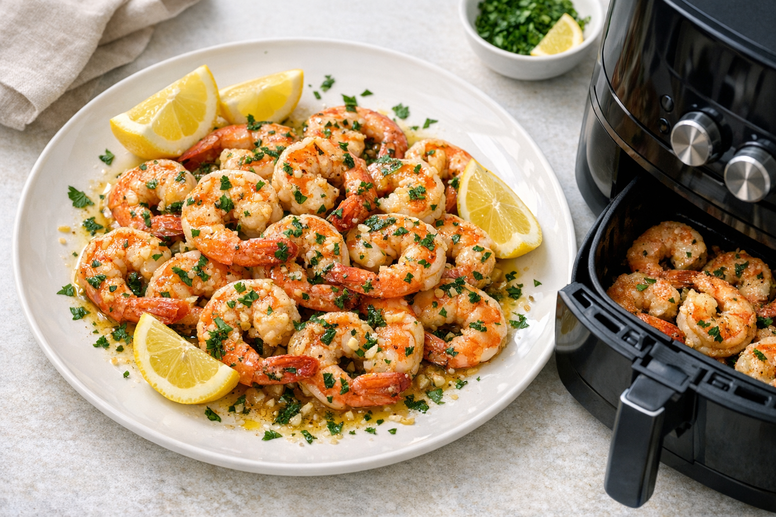 Air Fryer Garlic Butter Shrimp with Lemon & Parsley