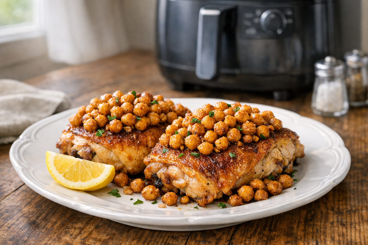 Air Fryer Chicken Thighs with Crispy Chickpeas