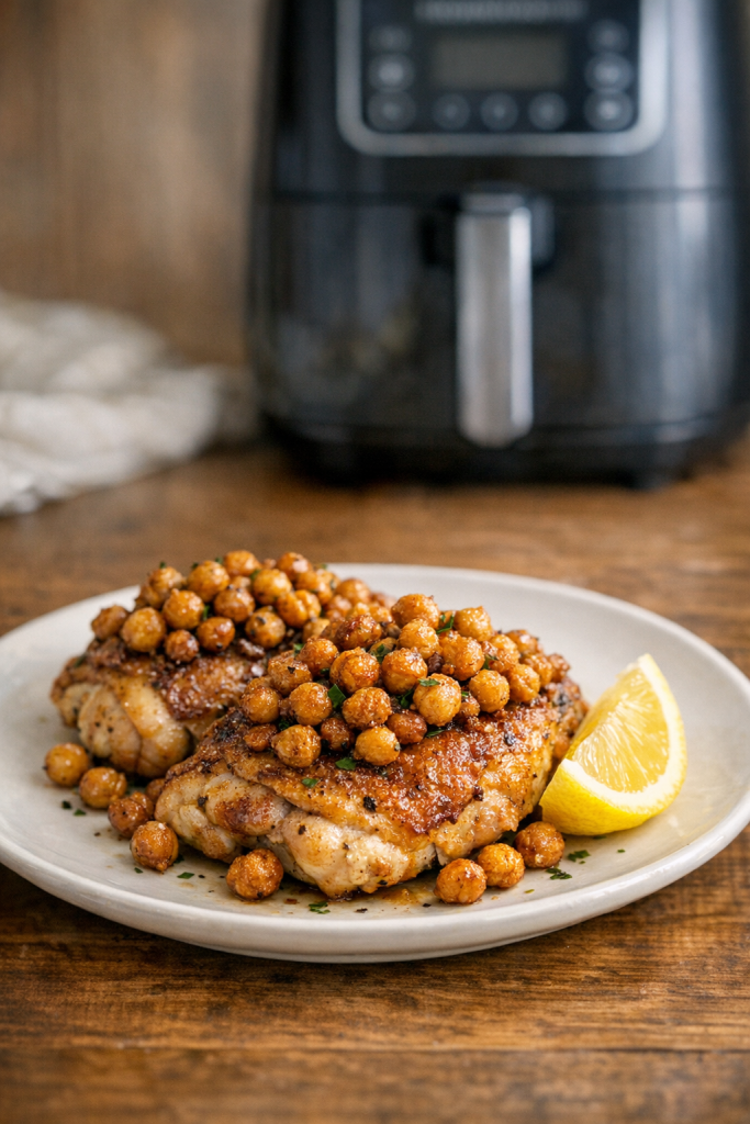 Air Fryer Chicken Thighs with Crispy Chickpea Topping