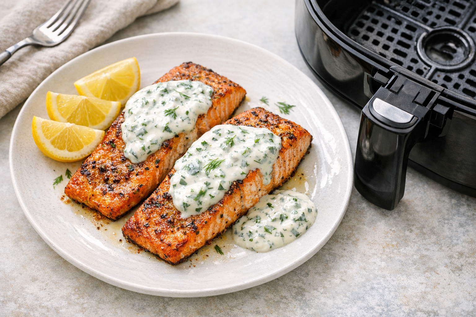 Air Fryer Salmon with Herb Yogurt Sauce