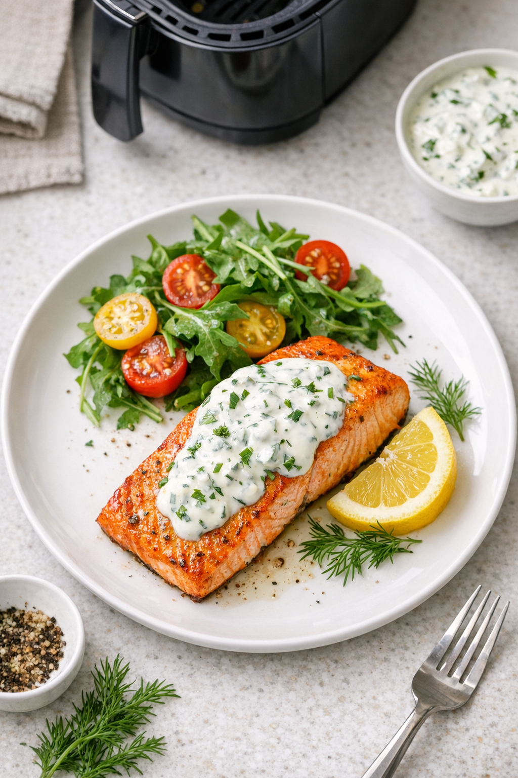 Air Fryer Salmon with Herb Yogurt Sauce