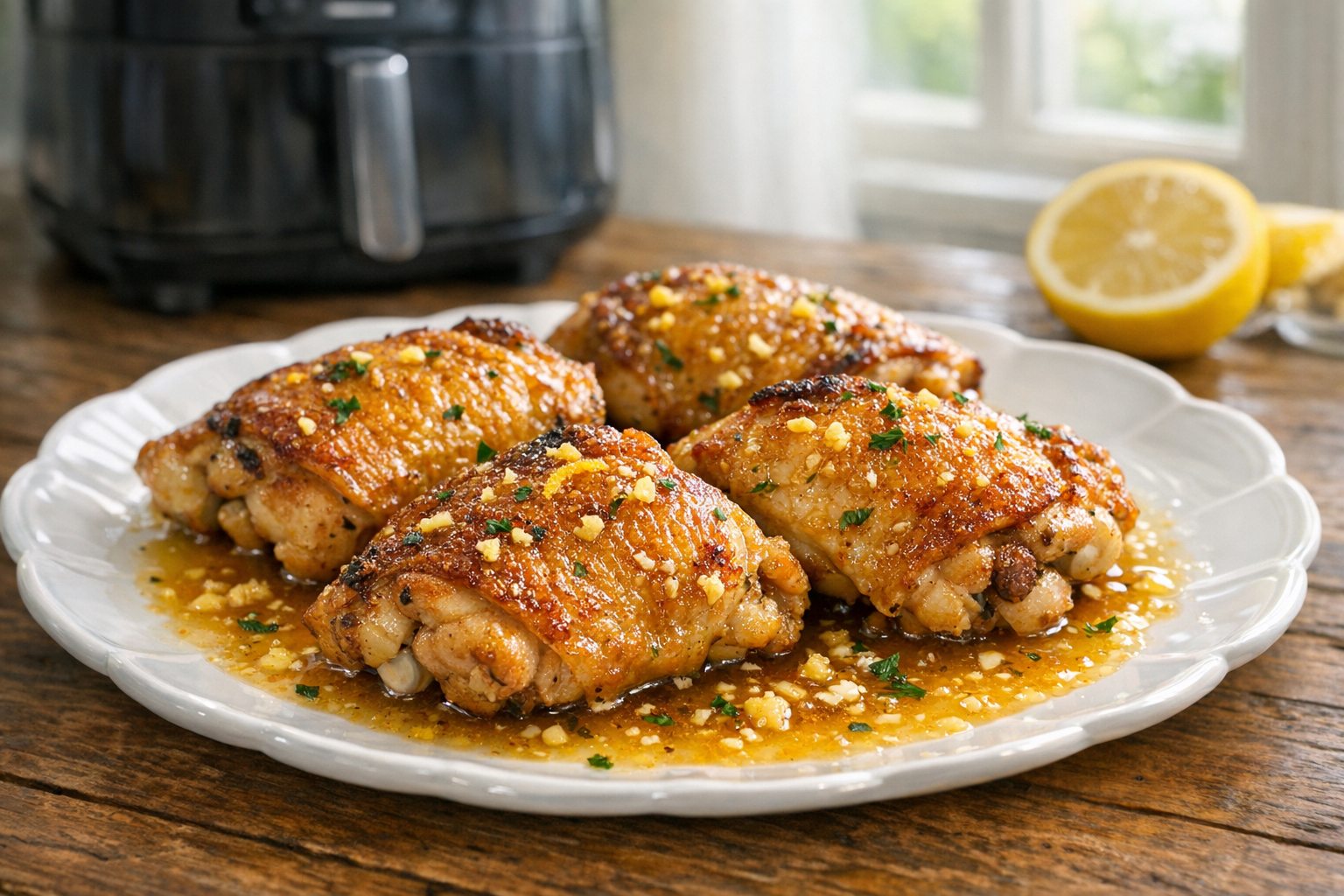 Air Fryer Chicken Thighs with Lemon Garlic Jus