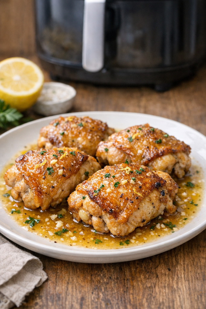 Air Fryer Chicken Thighs with Lemon Garlic Pan Jus