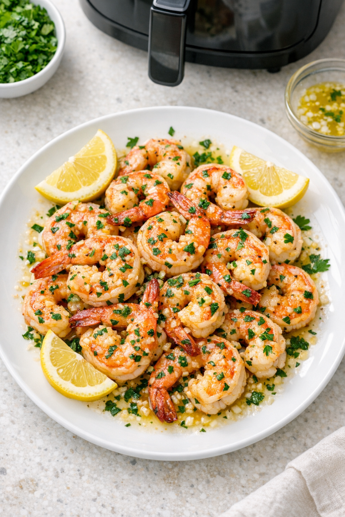 Air Fryer Garlic Butter Shrimp with Lemon and Parsley