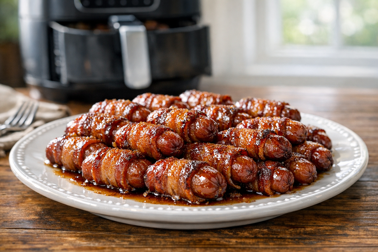 Air Fryer Bacon Wrapped Smokies with Brown Sugar Glaze