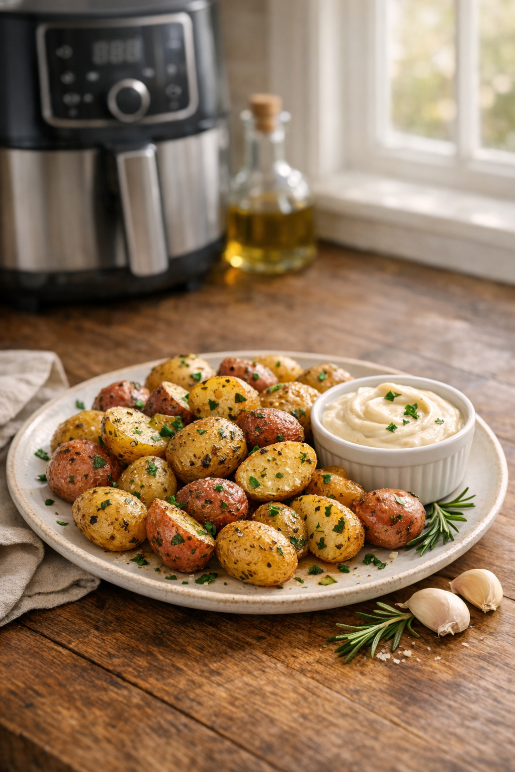 Air Fryer Herb Roasted Baby Potatoes + Aioli