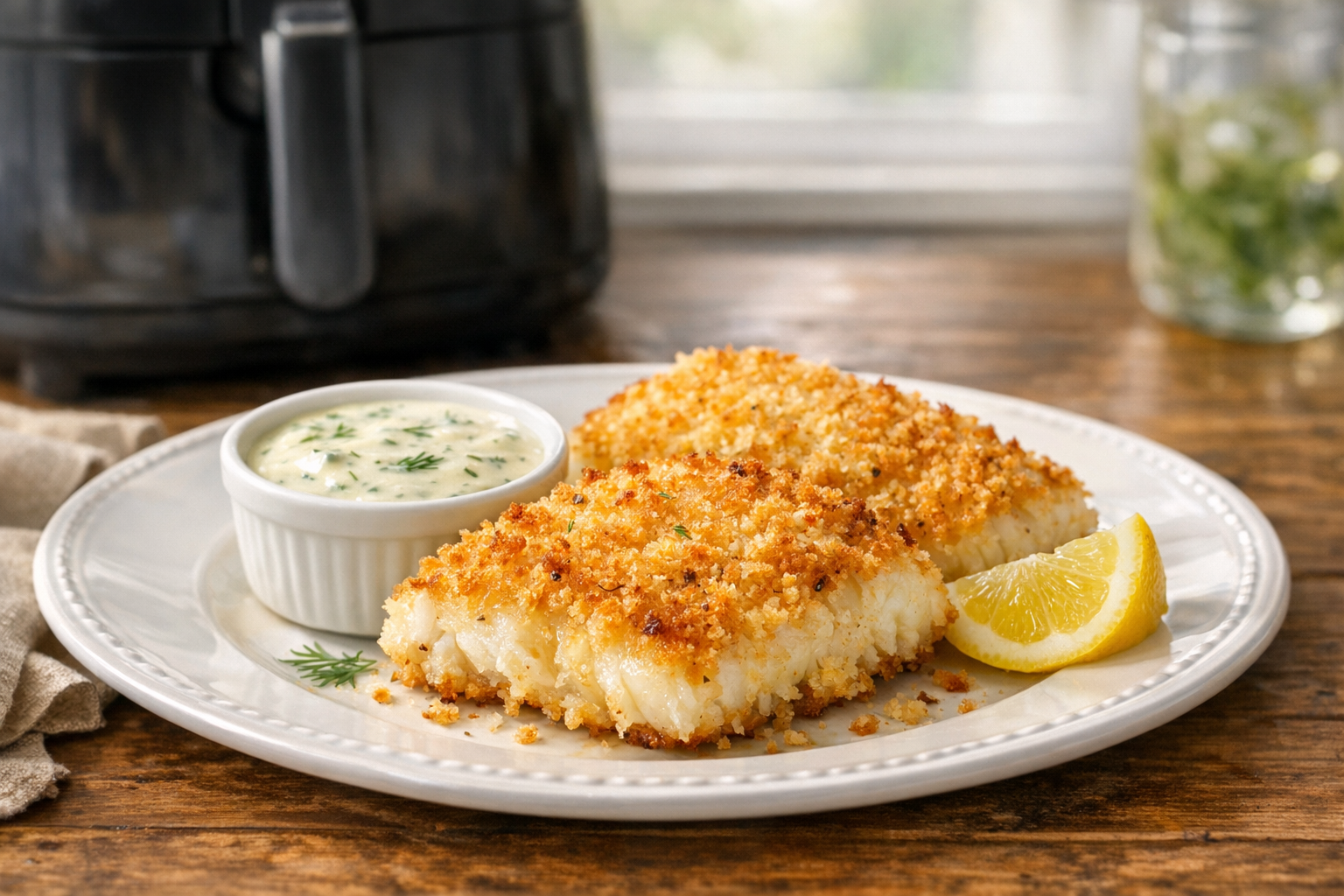 Air Fryer Panko Crusted Cod with Lemon Dill Sauce