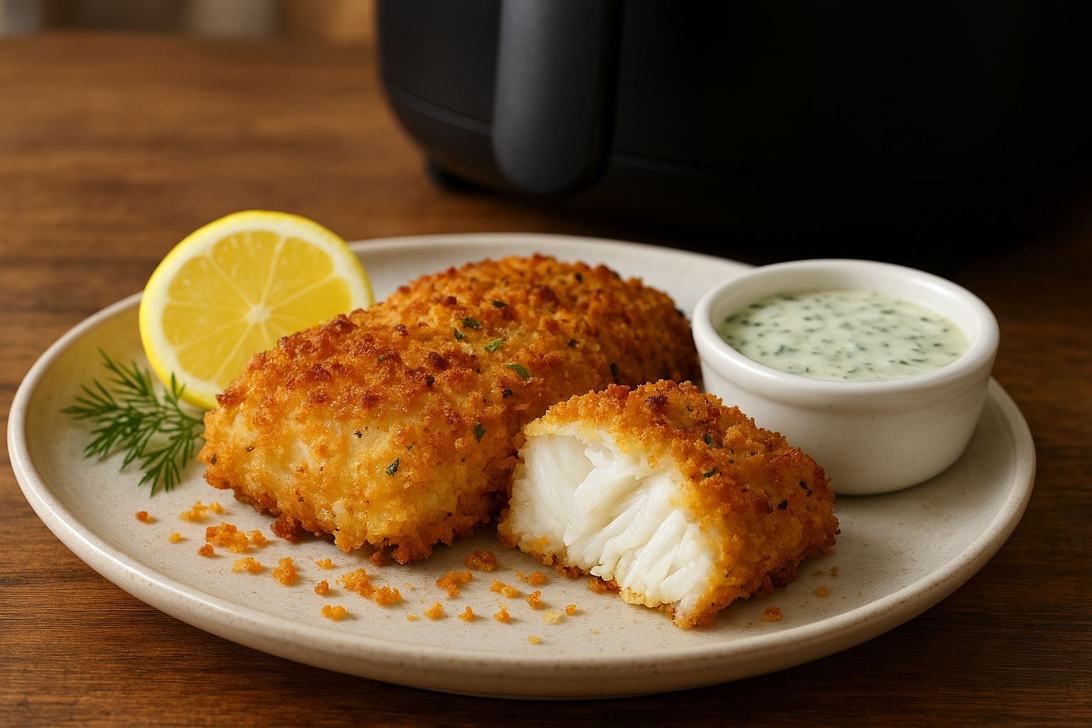 Air Fryer Panko Crusted Cod with Lemon Dill Sauce