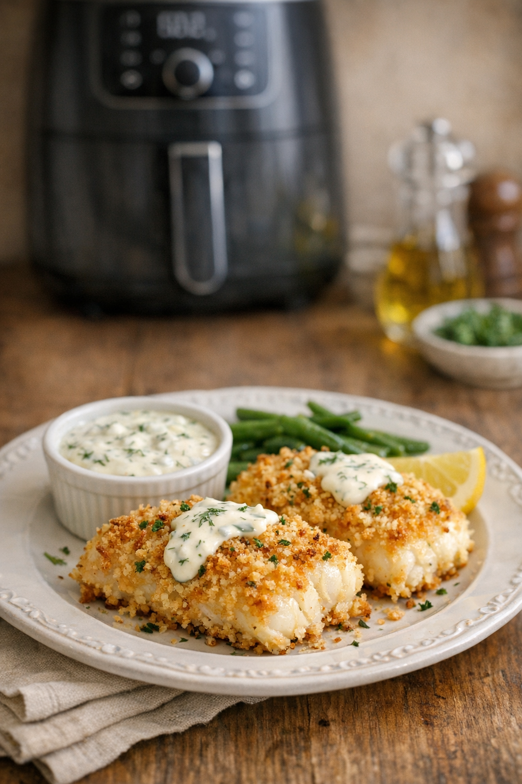 Air Fryer Panko Crusted Cod with Lemon Dill Sauce