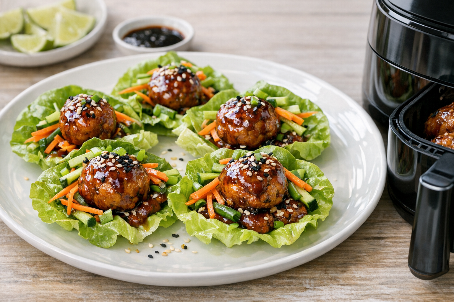 Air Fryer Chicken Meatball Lettuce Cups with Hoisin