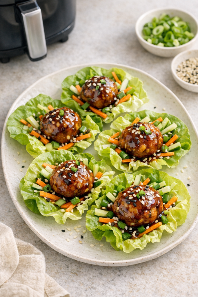 Air Fryer Chicken Meatball Lettuce Cups with Hoisin